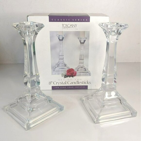 St. George Toscany Classic 8" Crystal Candlesticks Set Fine Lead Crystal Newport - Picture 1 of 8